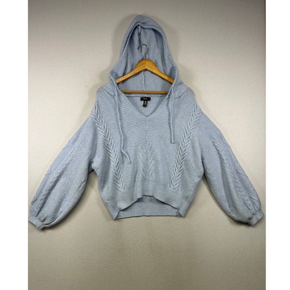 Coquette AQUA Womens Large Light Blue Cable‎ Knit Balloon Sleeve Hoodie Sweater